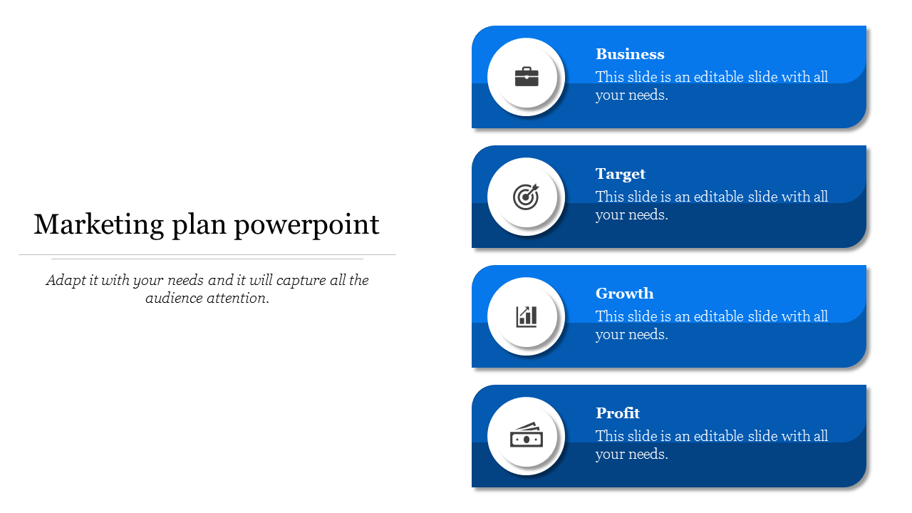 Slide with four blue rounded panels, featuring white circular icons and a left aligned marketing plan title.