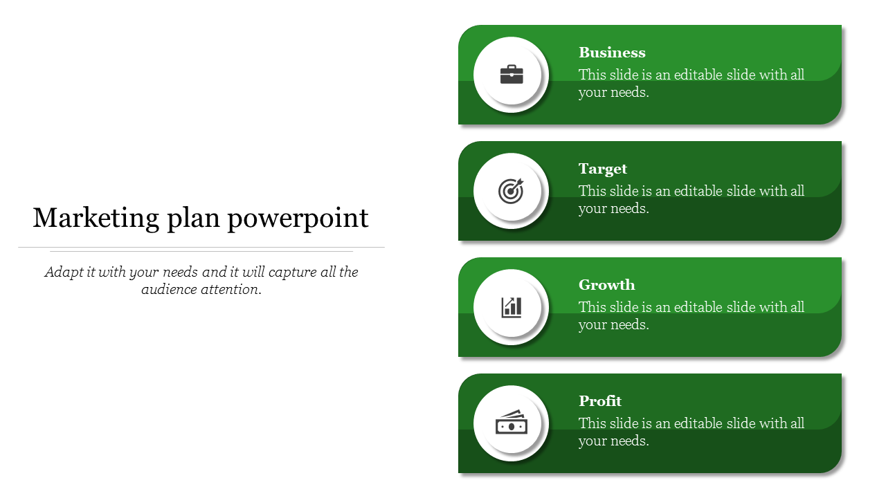 Marketing plan PowerPoint template with four green text boxes each featuring a title and an icon.