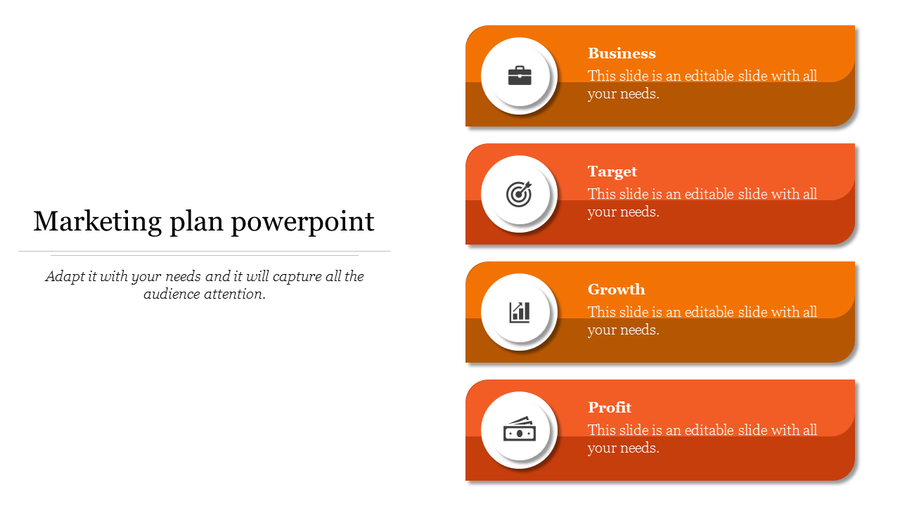 Orange theme marketing plan PowerPoint slide with business, target, growth, and profit sections with icons and text.