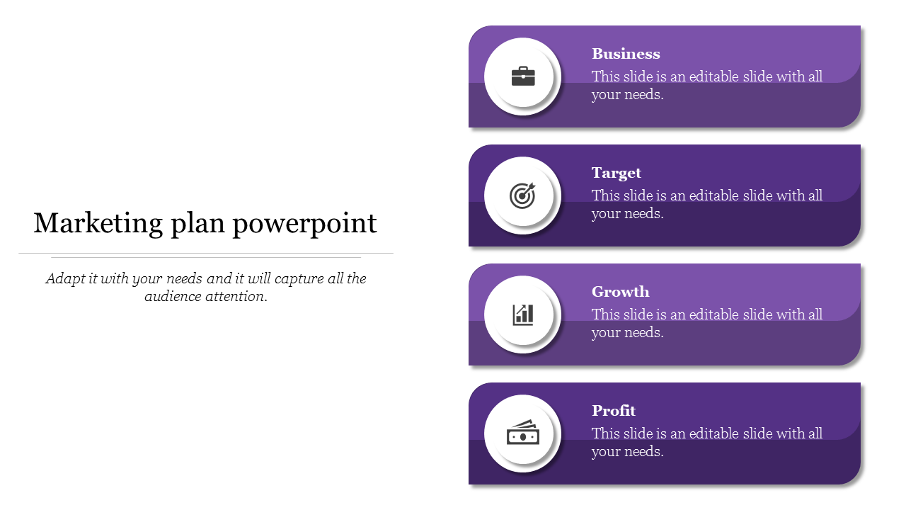 Marketing plan slide with four stacked purple sections, circular icons, and left aligned text with a title.