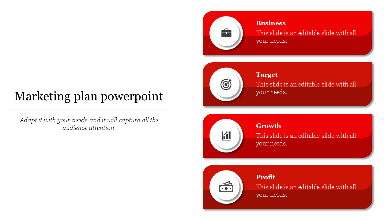 Four red rounded rectangle segments with white circular icons representing business goals, alongside captions.