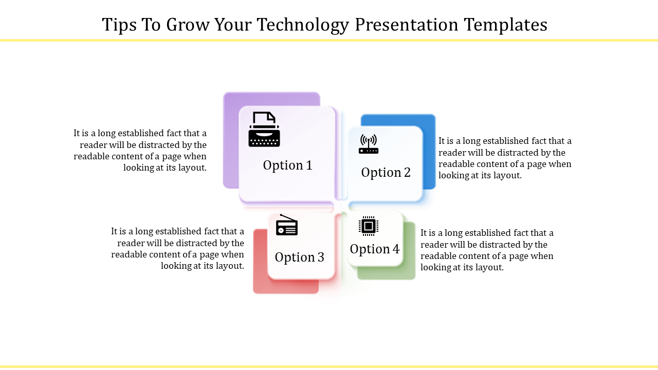 Technology-themed template with four colorful, stacked squares labeled as options with icons in the center.