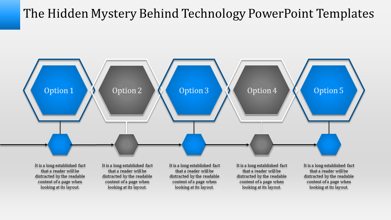 Technology options connected by arrows, alternating blue and gray, with placeholder text below each step.