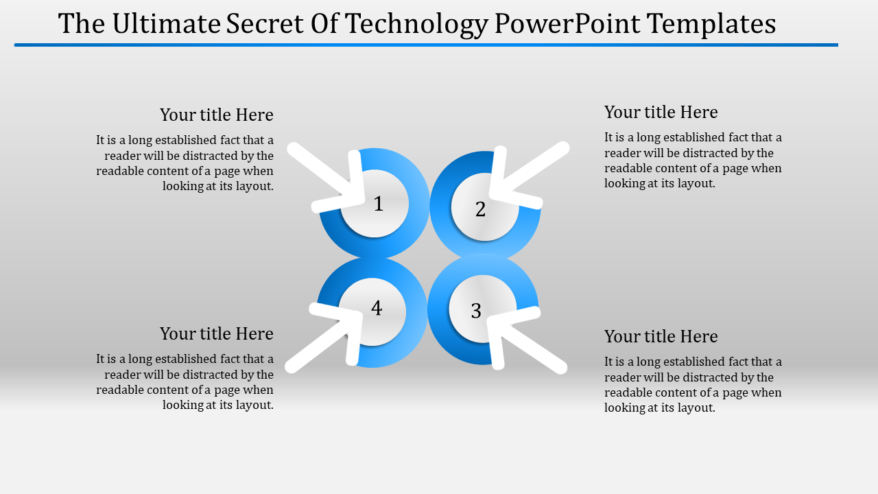 A technology slide featuring four sections with circles and arrows, each with a placeholder title and descriptive text.