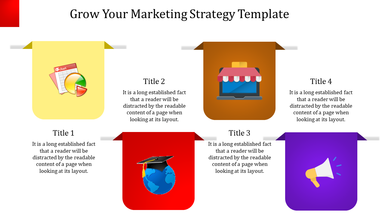 Marketing strategy template with four colorful panels in yellow, brown, red, and purple, each with icons and text.