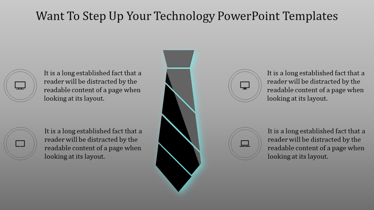 Gray-themed slide design with a glowing tie in the center, surrounded by symmetrical text and icons representing technology.