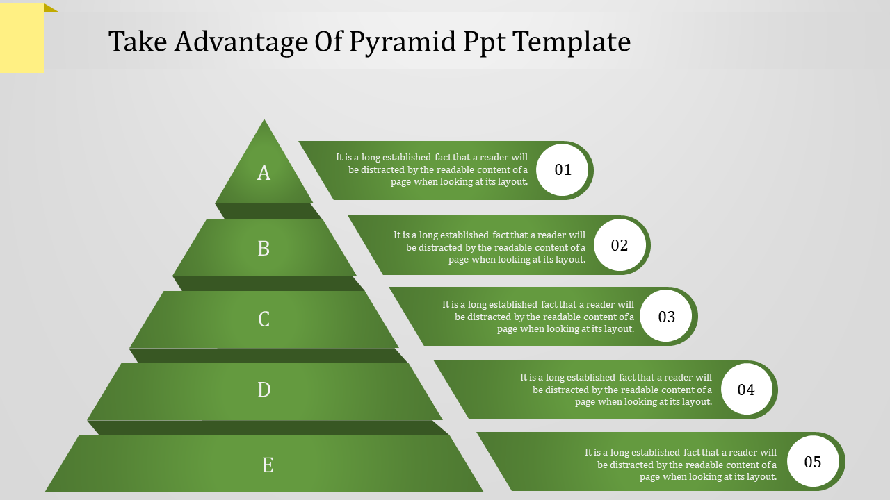 Green pyramid diagram with five labeled layers, each containing placeholder captions and numbered circles from 01 to 05.