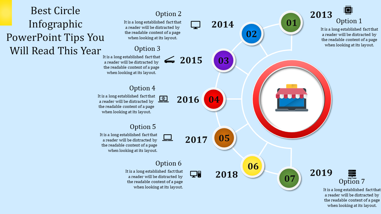 A circle infographic PPT slide showcasing the years 2013 to 2019 with icons representing different categories for each year.