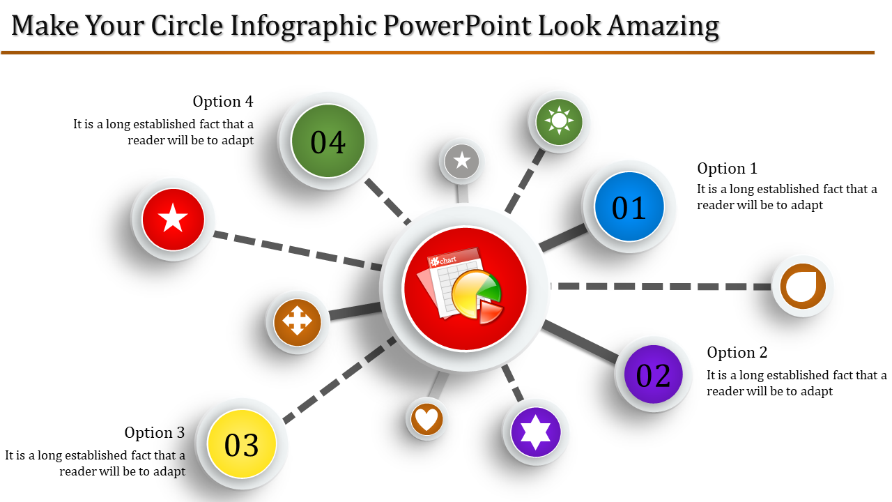 Slide with a central red chart icon linked to surrounding circles in blue, green, yellow, and purple, with numbered options.