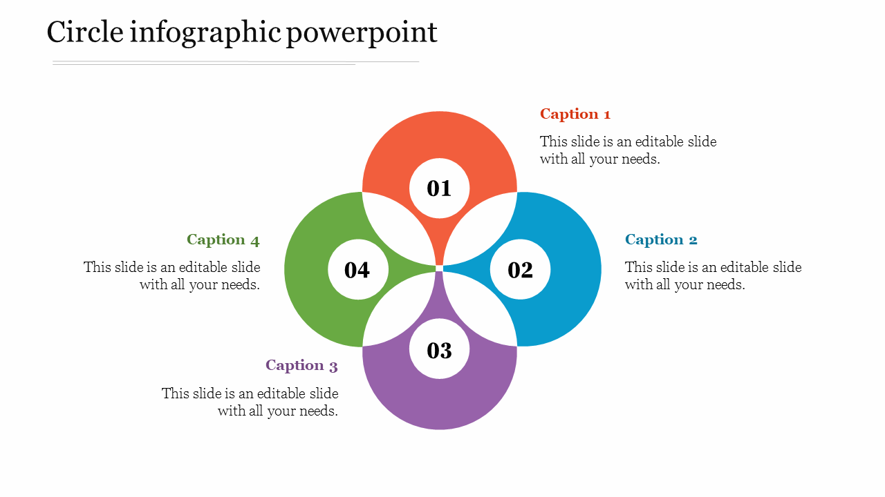 Four section circular infographic with overlapping colored circles labeled 01 to 04, each with a caption.