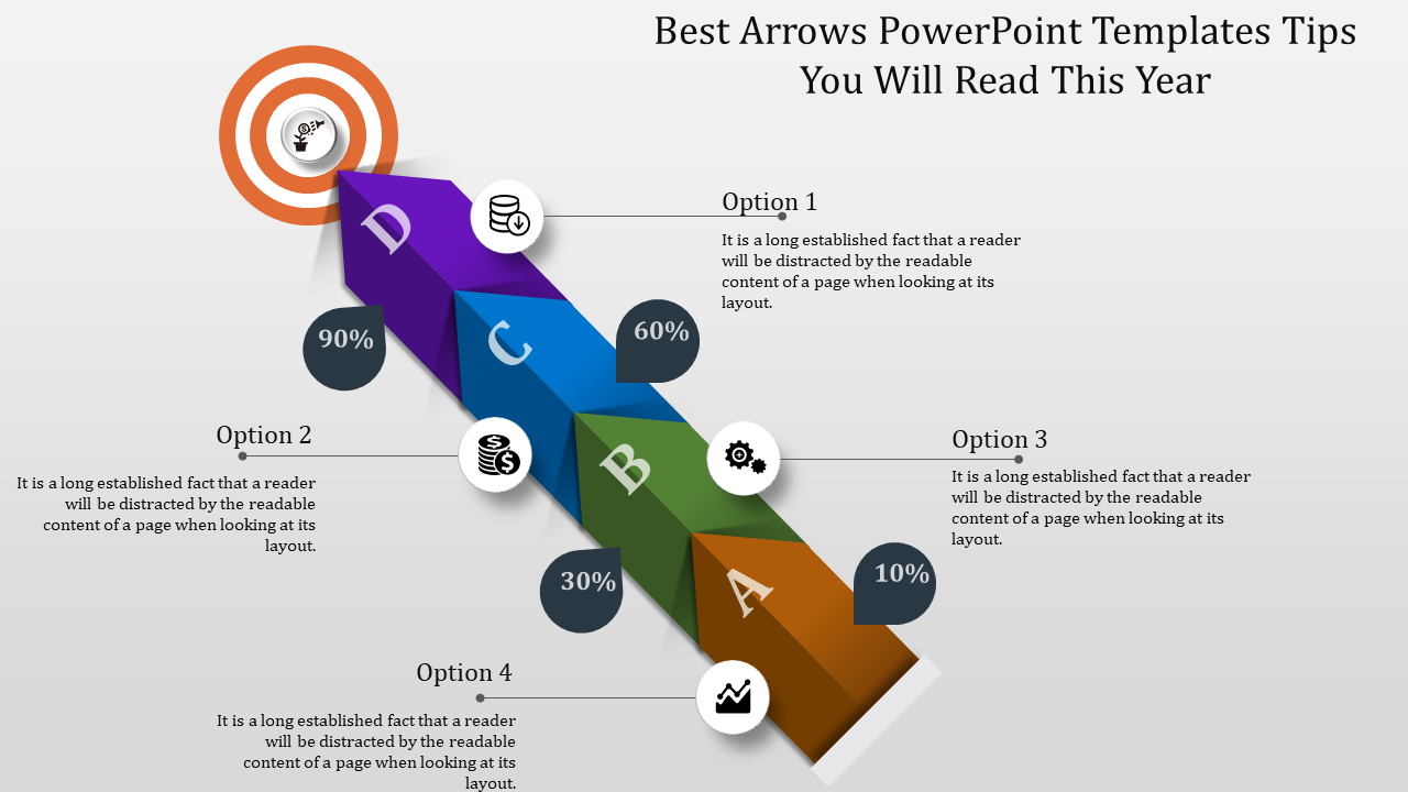 Tiered arrow design slide showing steps labeled A to D, with progress percentages and icons along the path.