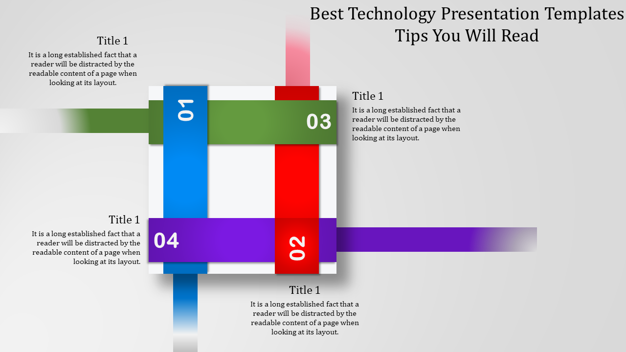 Technology themed diagram with blue, red, green, and purple segments intersecting at the center, numbered 01 to 04.