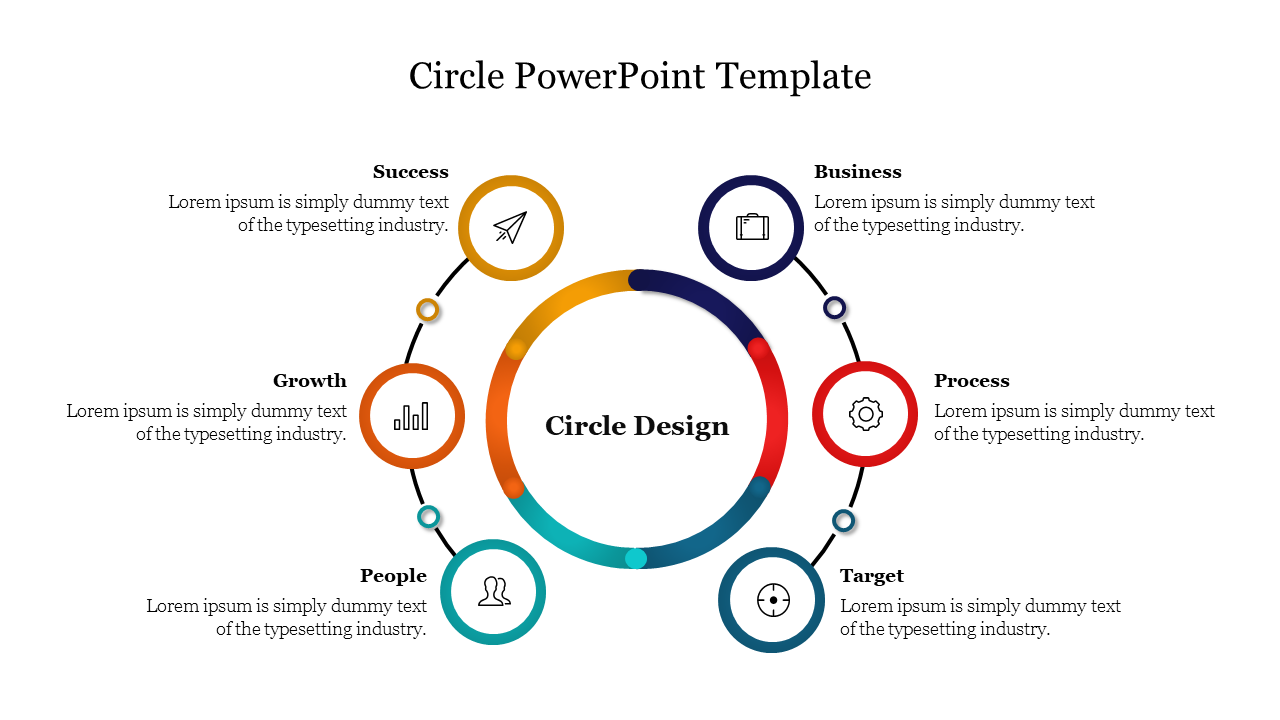 Colorful circular slide featuring six steps success, business, process, target, people, and growth with icons.