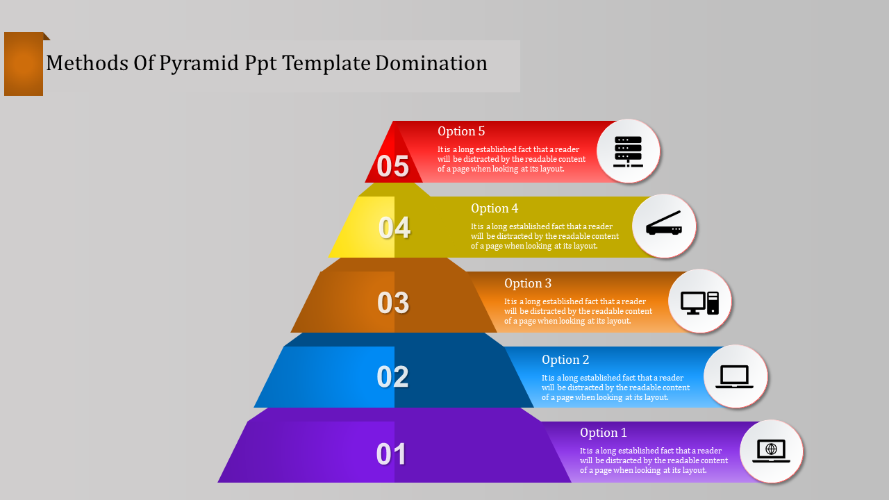 Pyramid diagram with five colored layers in purple, blue, orange, yellow, and red, each labeled with options and icons.