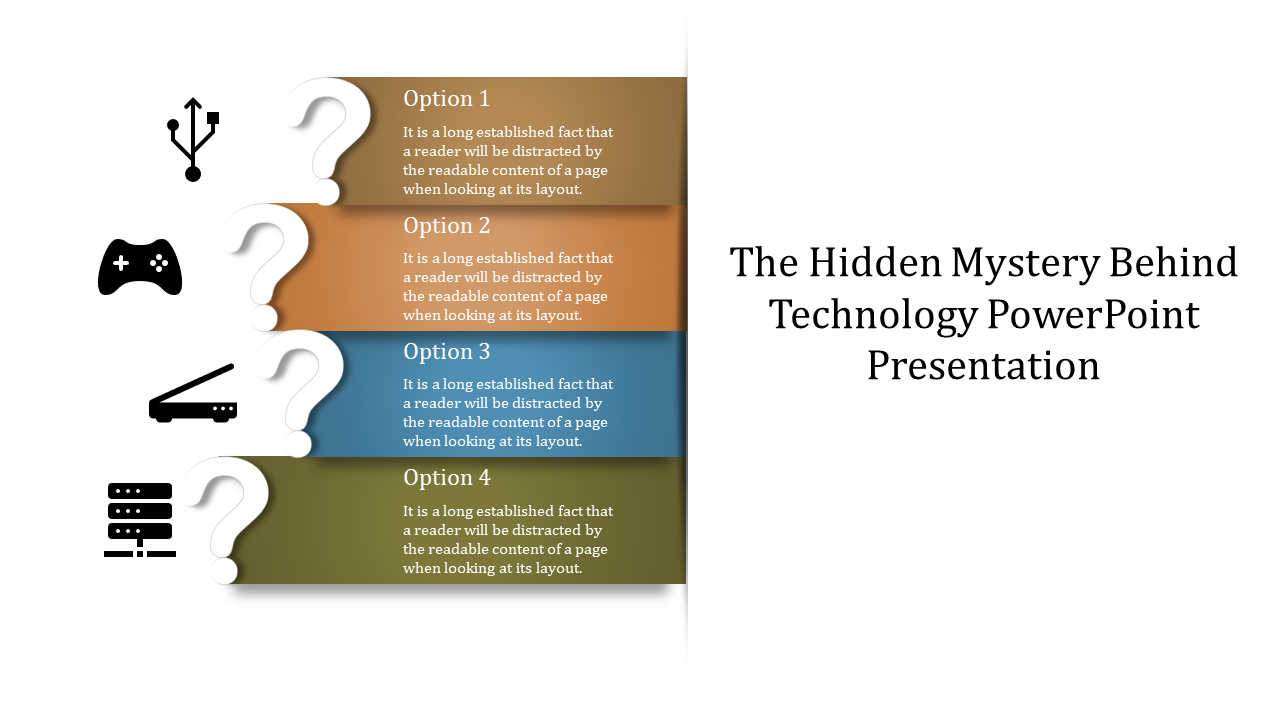 Technology slide with four sections for options, each linked to icons like USB, gaming, modem, and server on the left.