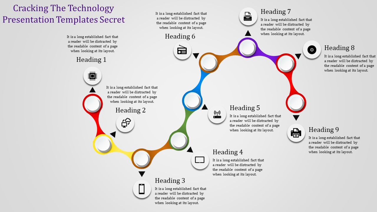 Colorful S-shaped timeline with nine circular nodes, each linked to headings and icons for technology concepts.