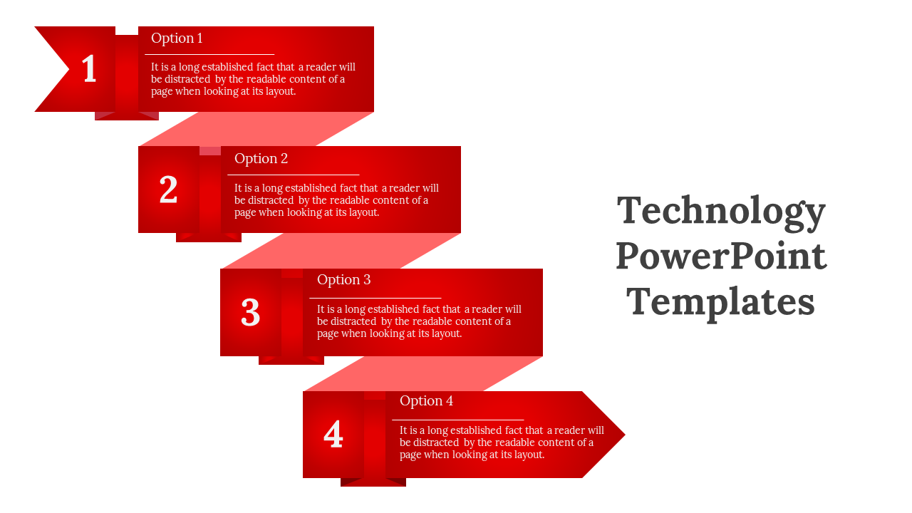 Technology PowerPoint slide showing four red arrows with numbered options, each describing a statement.