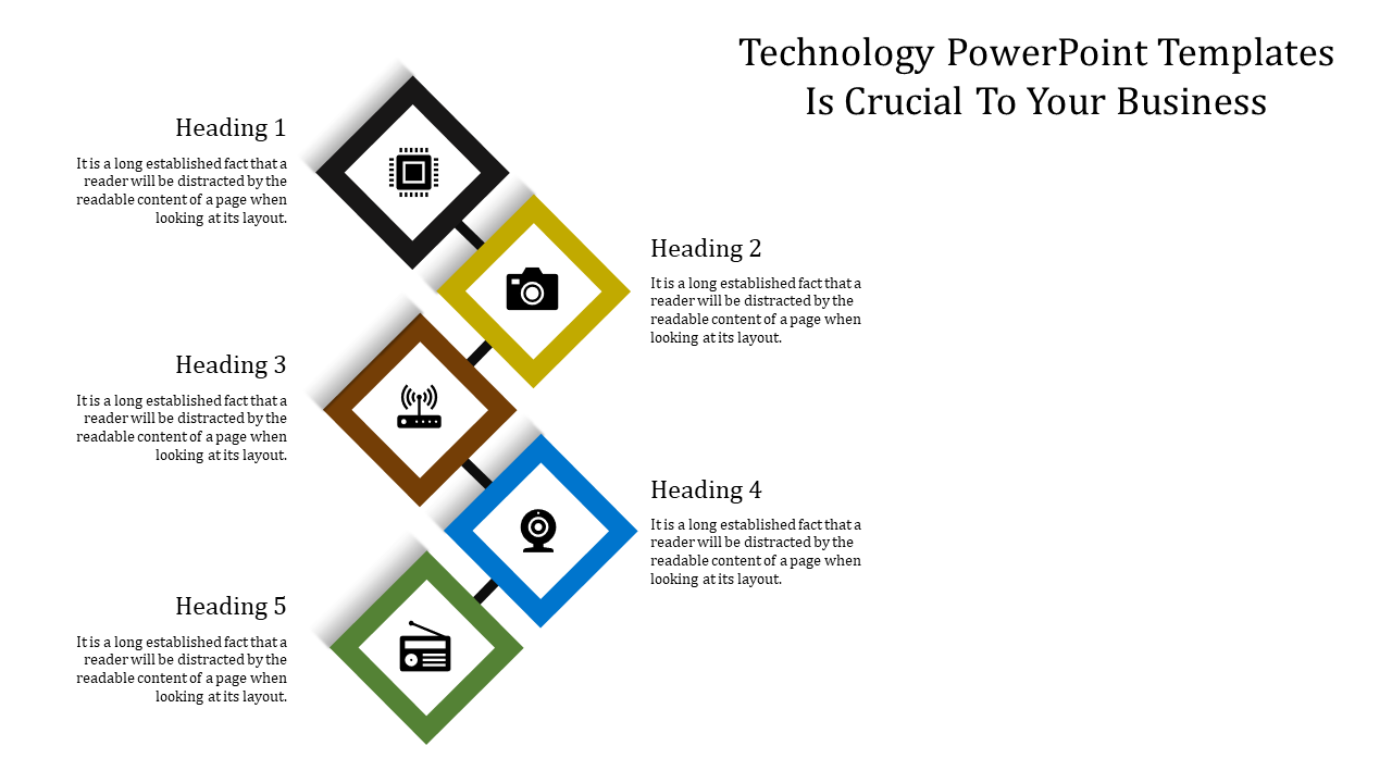 Technology slide with five sequential diamonds containing icons for tech concepts like connectivity and media.