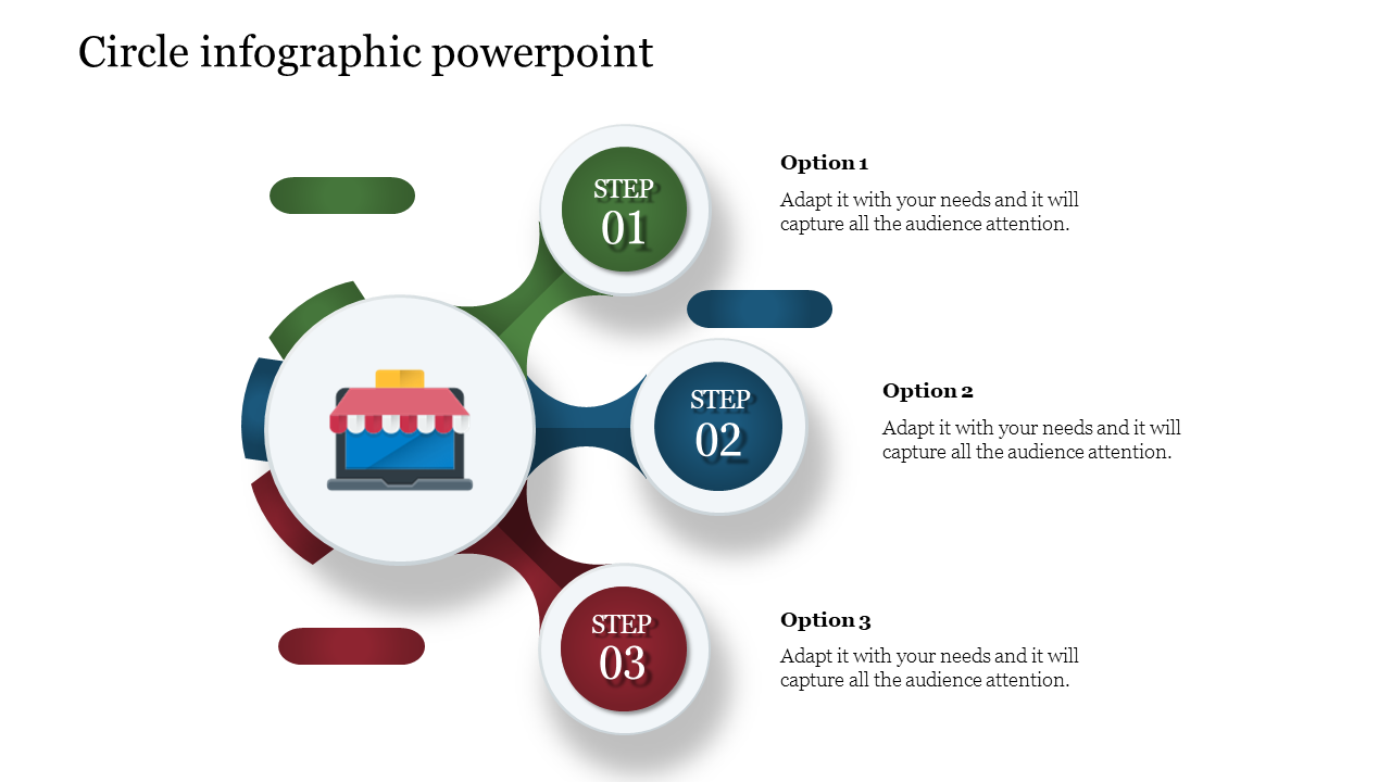 Three-step infographic with circles and connecting lines, central store icon, and text placeholders on the right.