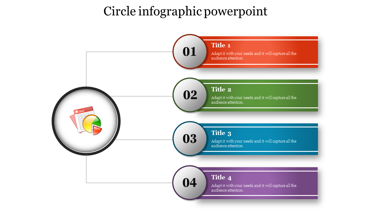 Four horizontal sections in red, green, blue, and purple, labeled 01 to 04, connected to a circular chart on the left.