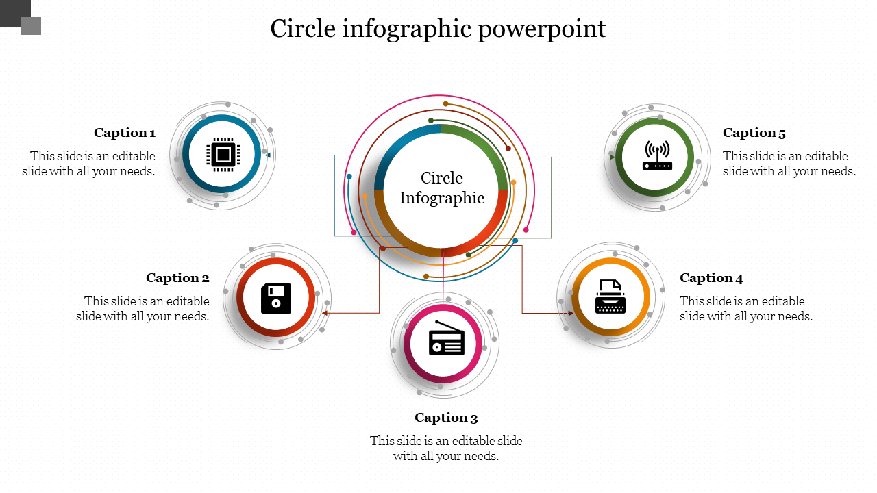 Circular infographic with five colored icons connected to a central circle, connected with lines and captions.