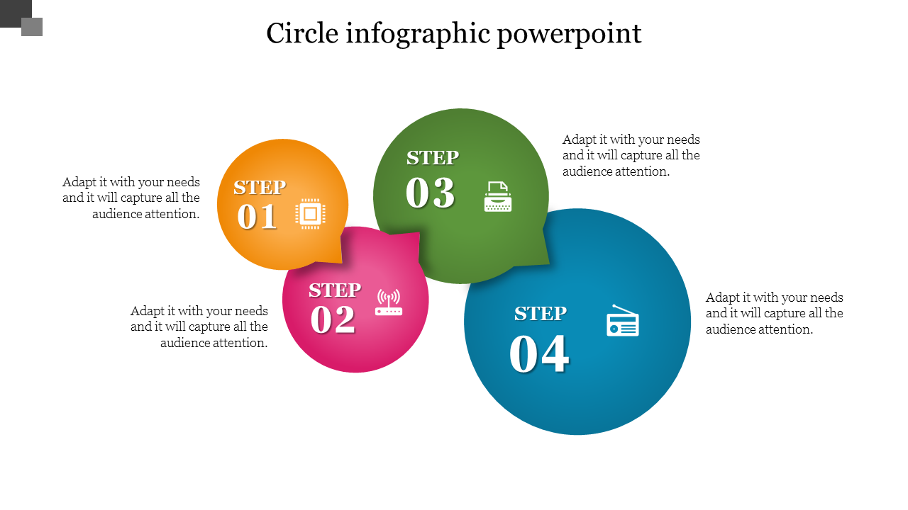 Colorful circular infographic featuring steps 1 to 4, icons for chip, router, printer, and radio, arranged with circles.