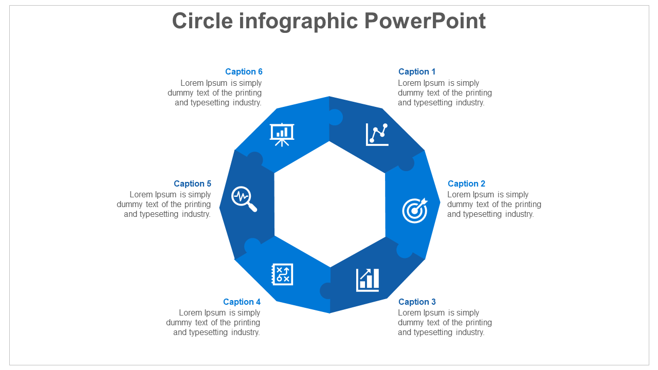 Circular infographic with six segments in blue, each with icons and placeholders for text, around a central hexagon.