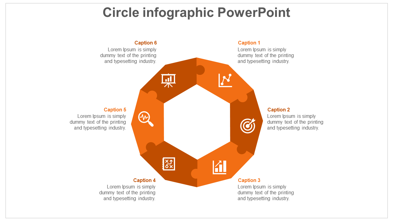 Circular infographic design with six interconnected orange segments, each displaying an icon and caption.