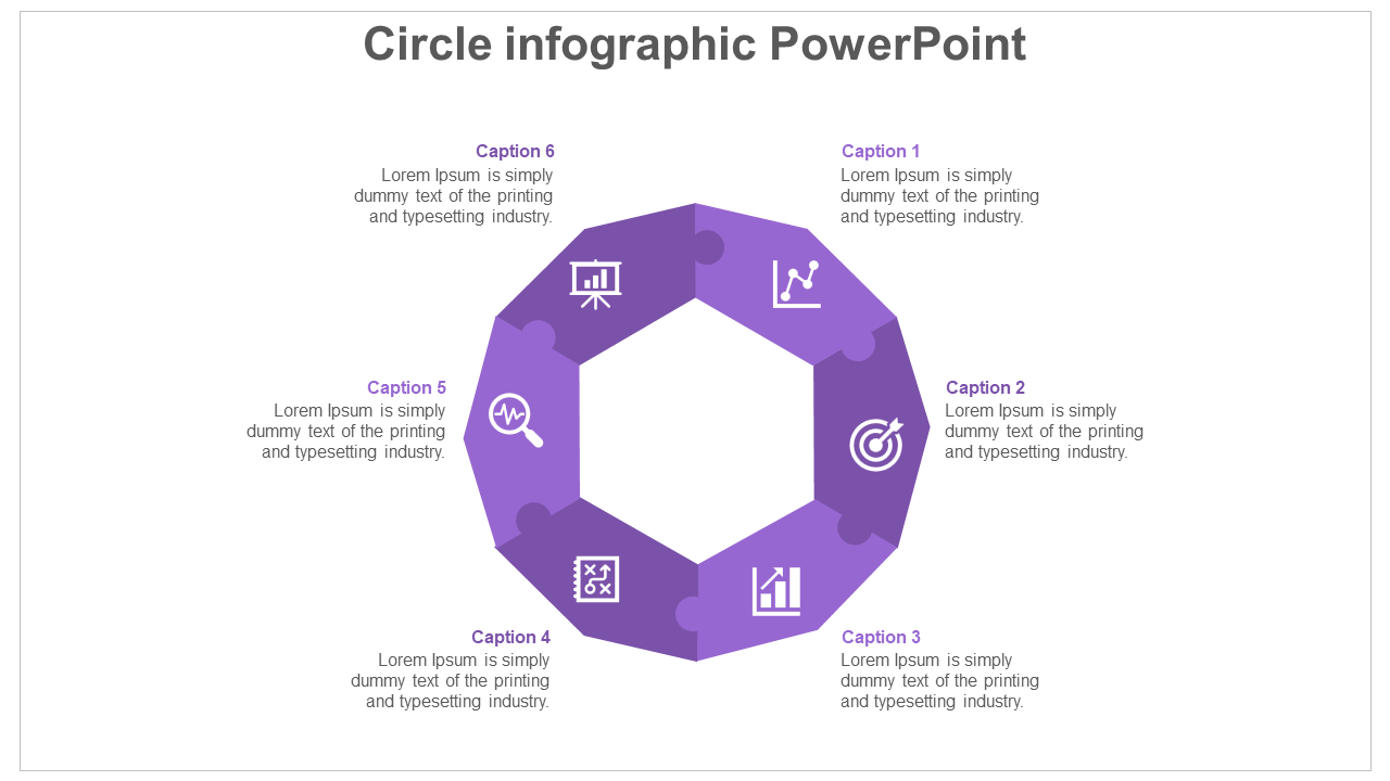 PowerPoint slide showing a purple six step circular infographic with captions and related icons.