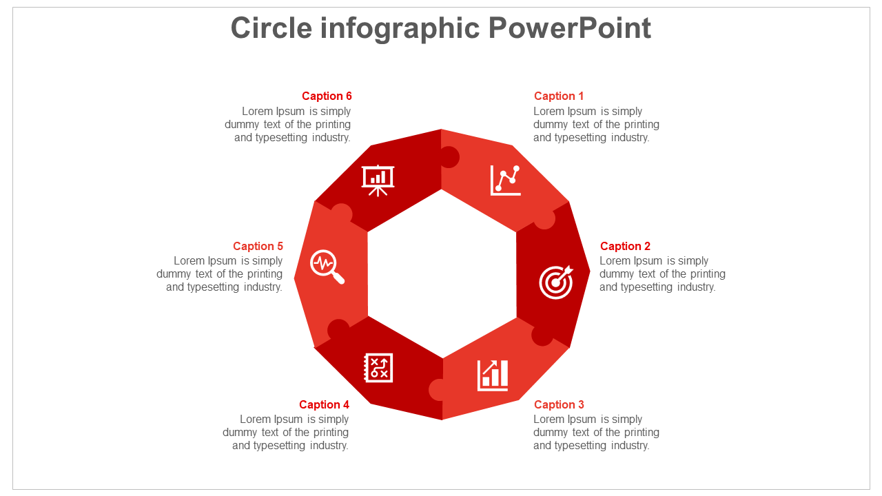 Hexagonal red circle infographic with six sections, each containing an icon and a caption.