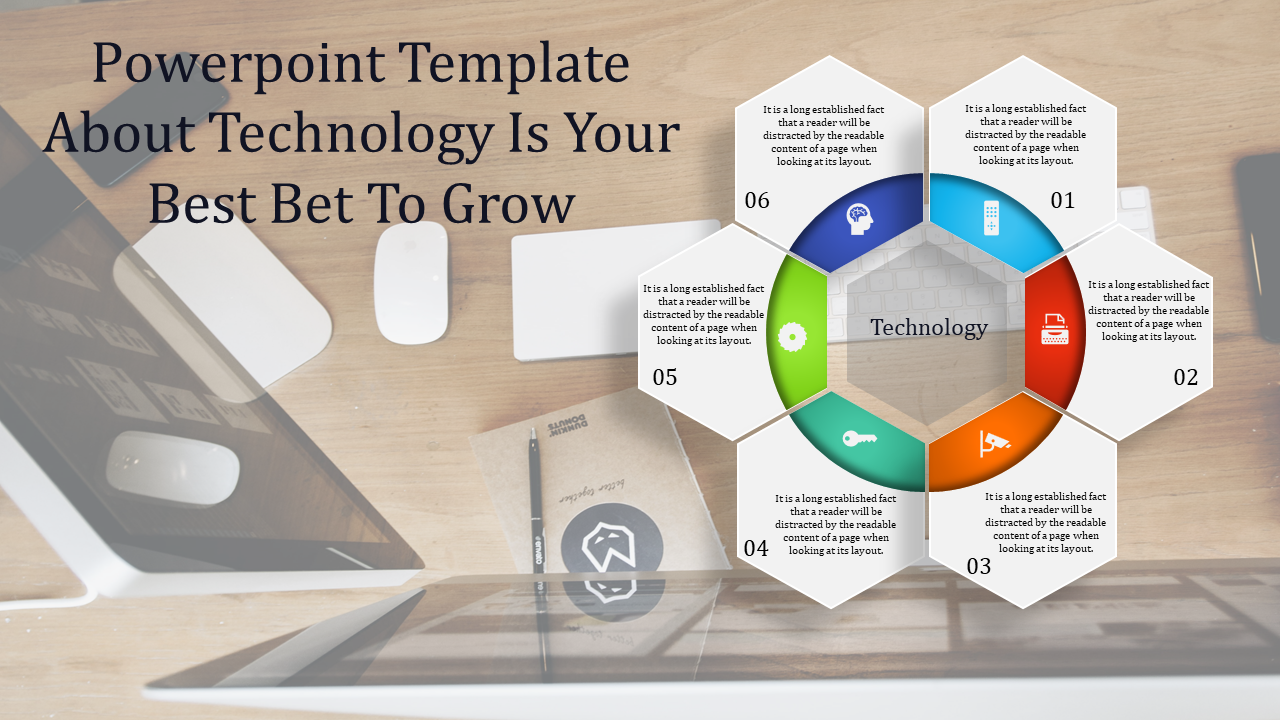 Hexagonal infographic with six colorful segments around a title, on a blurred desk background with tech devices.