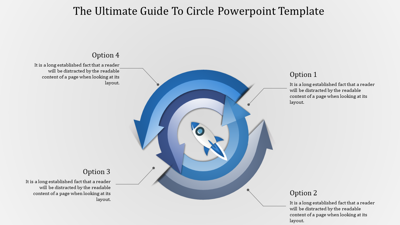 Circular diagram in a slide with four text options arranged around a central rocket icon, surrounded by rotating arrows