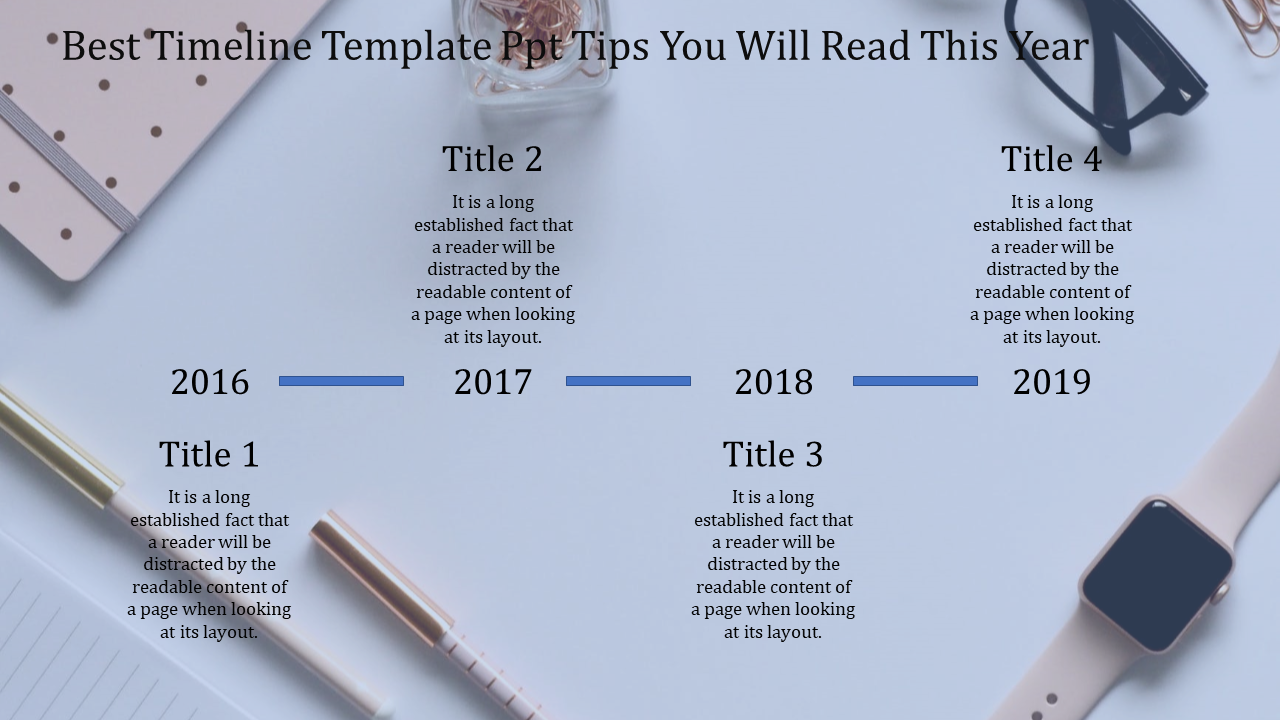 A timeline graphic for a PowerPoint presentation, displaying the years 2016 to 2019 with descriptive titles for each year.