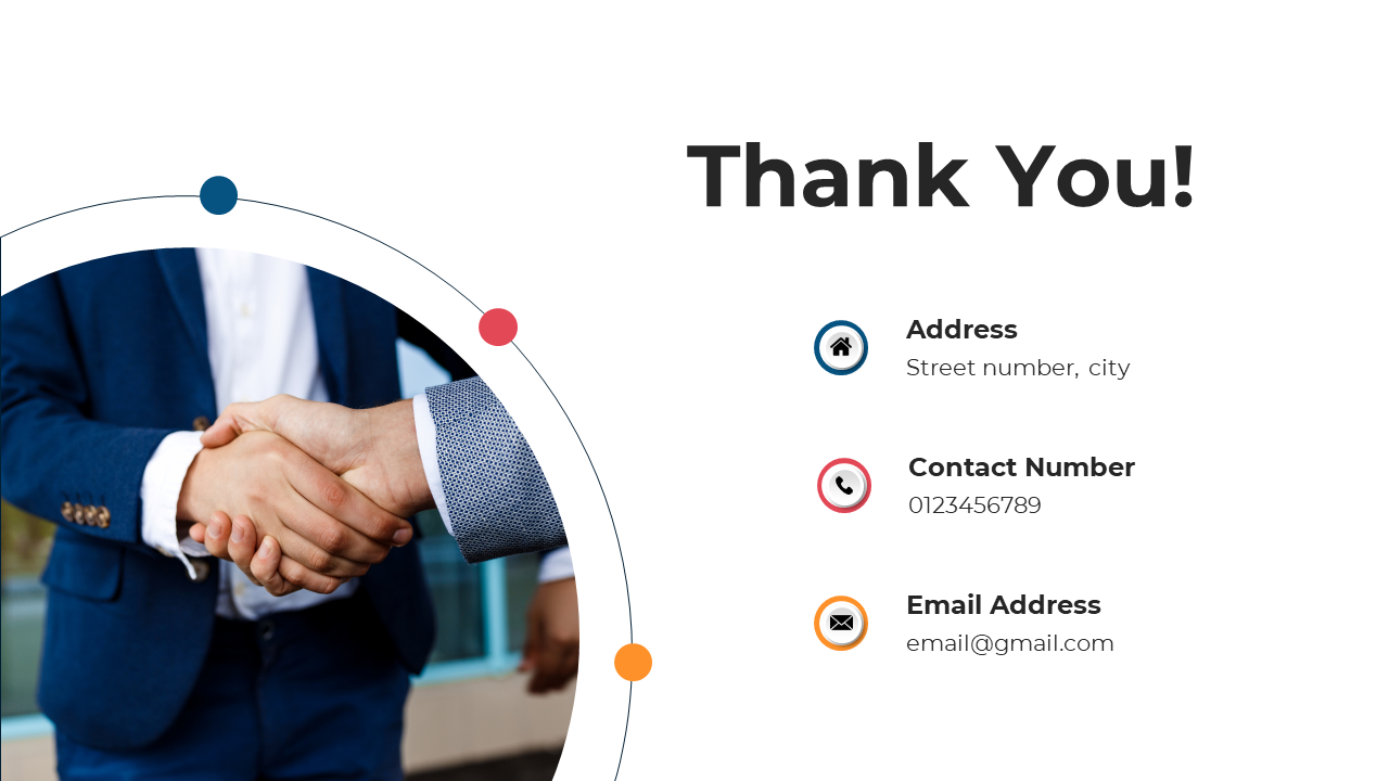 Thank you slide with handshake image and contact details, including address, phone number, and email with text area.