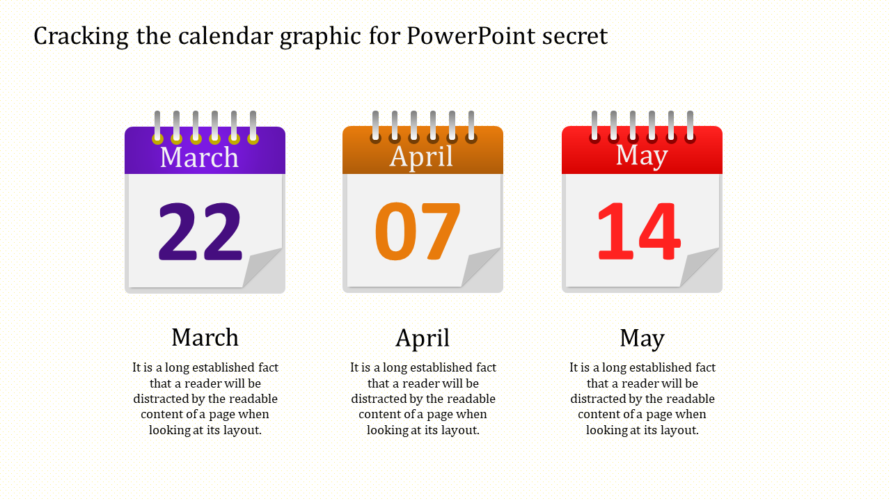 Three calendar graphics for March, April, and May in purple, orange, and red, with large dates displayed.