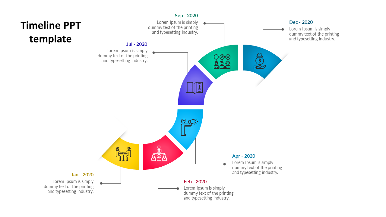 S shaped timeline with colorful segments, icons, and text labels for months in 2020, on a white background.