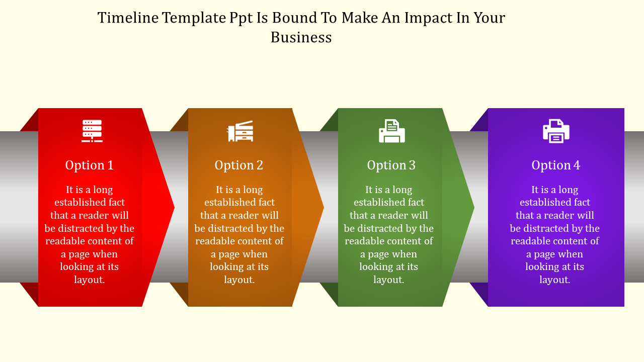 Four step timeline infographic with segments in red, orange, green, and purple, each labeled with options and icons.