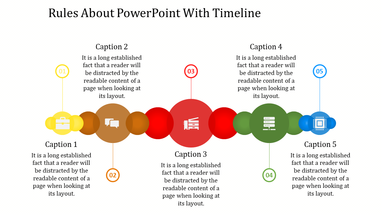 Horizontal process timeline with circular nodes in yellow, orange, red, green, and blue, each linked to captions.