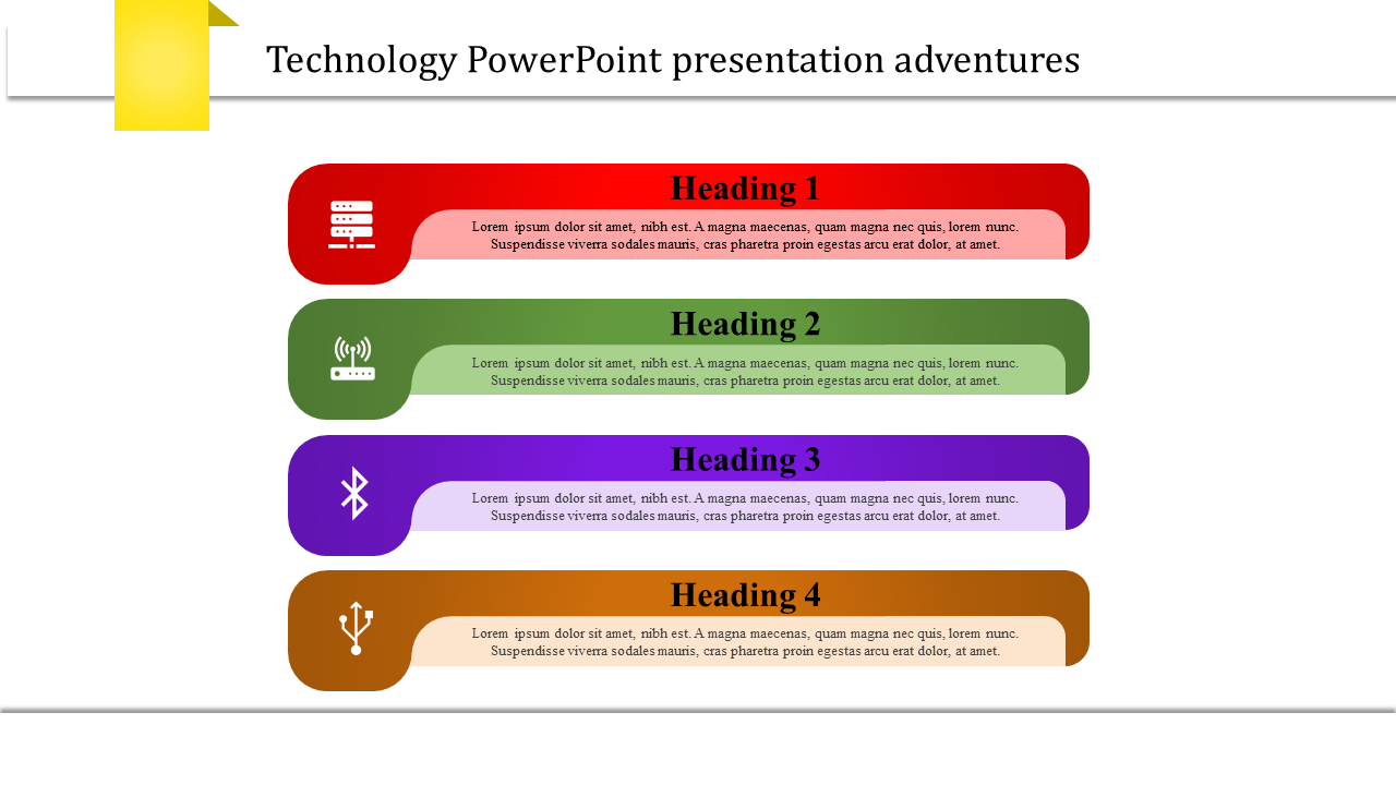 Slide with four horizontal banners in red, green, purple, and orange, each with icons and headings labeled 1 to 4.