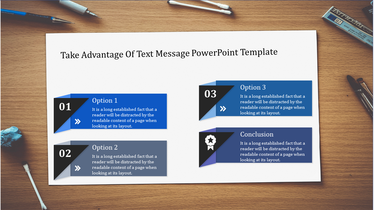 Text message template with four sections labeled with three options, and Conclusion in blue and gray banners.