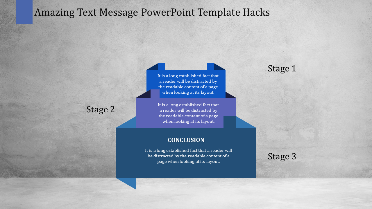 PowerPoint template showing stages of a process with three stacked boxes and text for each stage labeled 1, 2, and 3.