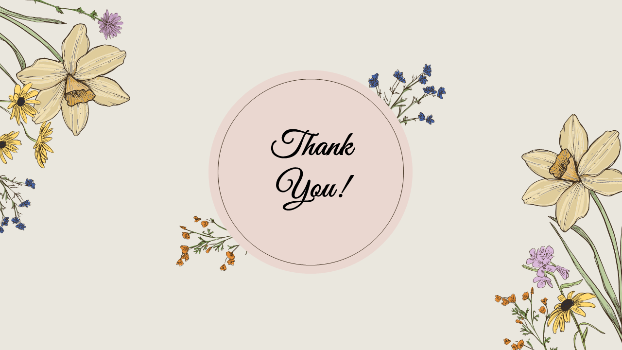 Floral themed thank you slide with delicate flowers surrounding a pink circle containing the text in script font.