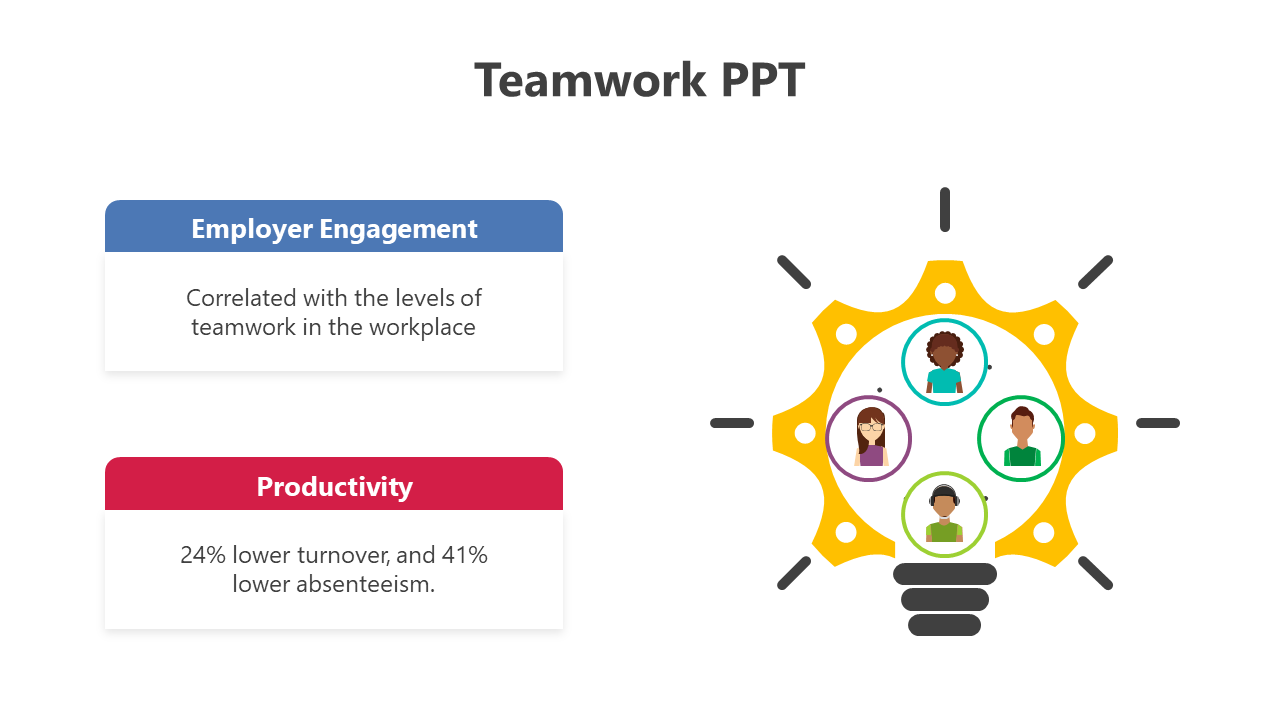 Teamwork themed slide with blue and red boxes and a yellow gear shaped lightbulb with four team icons on the right.