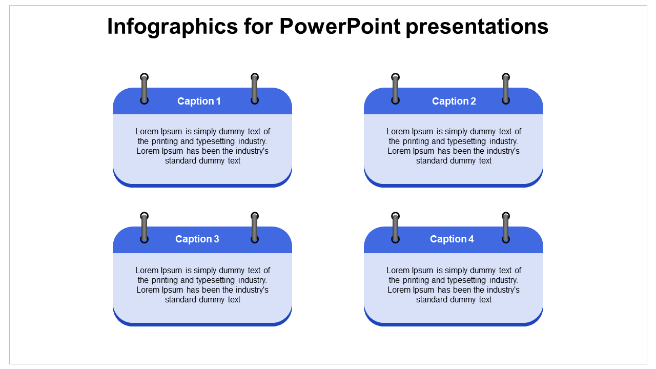 PowerPoint slide with four captioned sections, each featuring blue infographic boxes with paperclip icons.