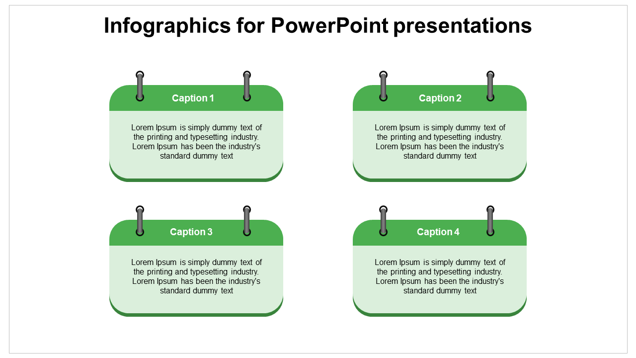 Grid of four green rectangular infographic elements pinned at the top, each containing captions and descriptive text.