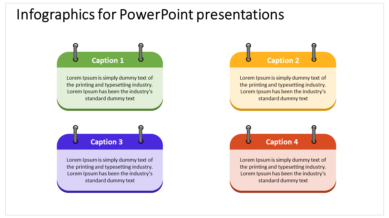 Infographic with four hanging note cards labeled with four captions in green, yellow, purple, and red.