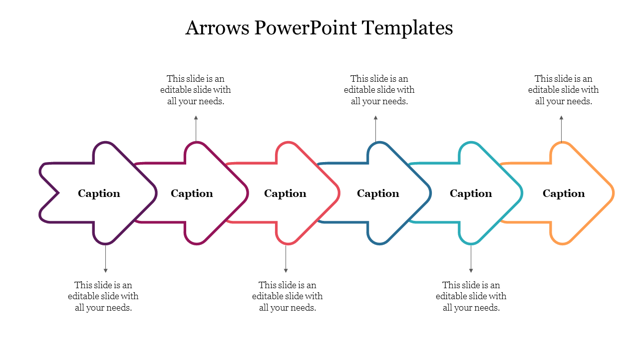 Arrows PowerPoint template with six arrows pointing in sequence, each with space for captions.