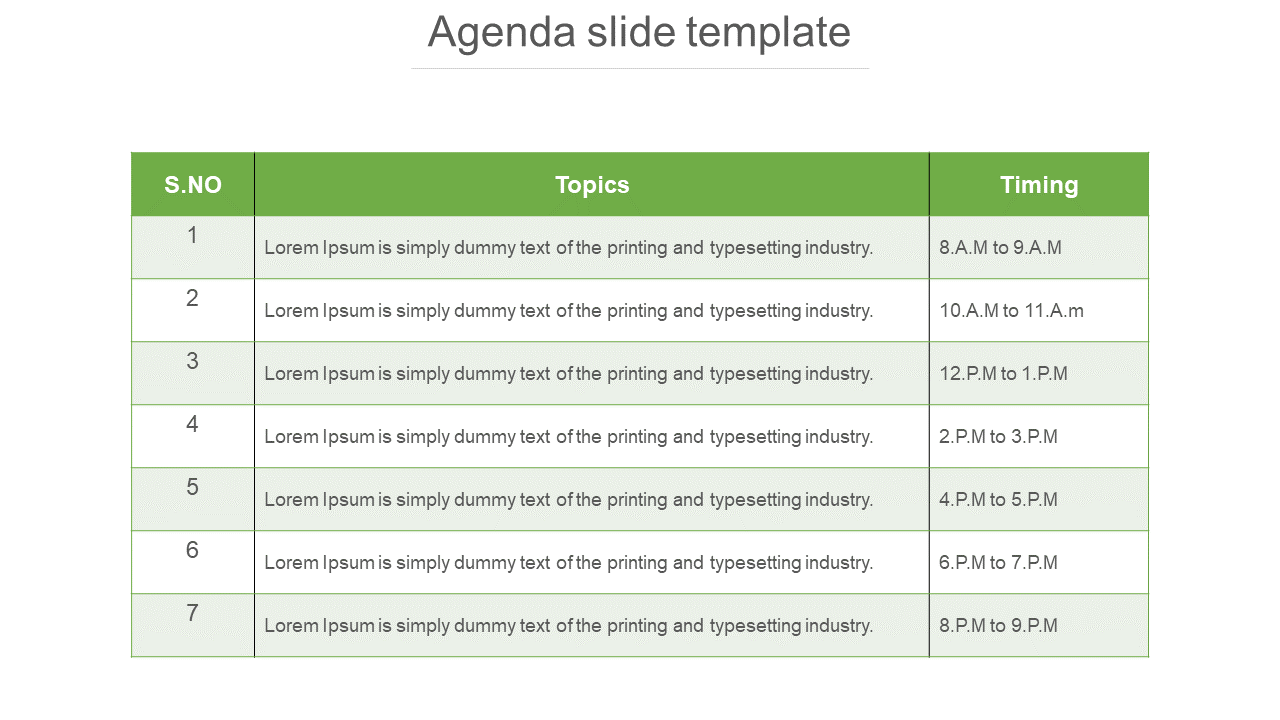 Table layout featuring agenda details with seven rows and three columns, framed by green headers on a white background.