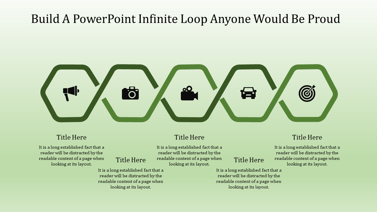 Slide with five green hexagonal shapes, each containing icons and placeholder titles, in a horizontal loop design.