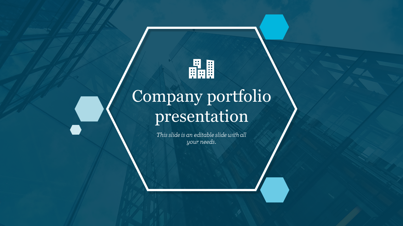 Hexagon themed company portfolio slide with a corporate building in the background.